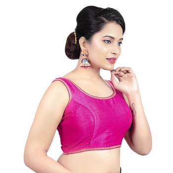 Red Plain Raw Silk Stone Work Lace Princess Cut Padded Sleeveless Readymade Saree Blouse 4