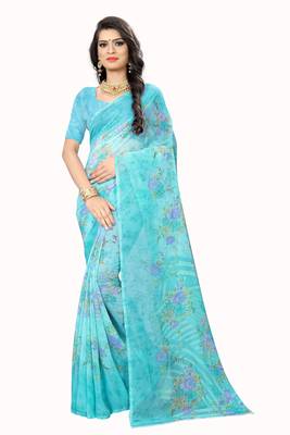 Turquoise printed chiffon saree with blouse 1