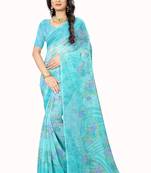 Turquoise printed chiffon saree with blouse