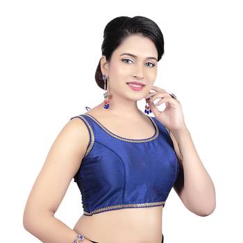 Red Plain Raw Silk Stone Work Lace Princess Cut Padded Sleeveless Readymade Saree Blouse 4