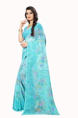Turquoise printed chiffon saree with blouse 2