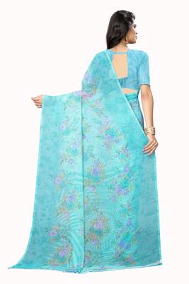 Turquoise printed chiffon saree with blouse 3