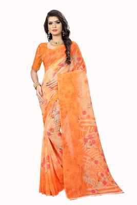 Orange printed chiffon saree with blouse 1