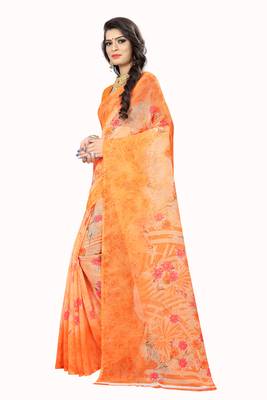 Orange printed chiffon saree with blouse 2