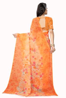 Orange printed chiffon saree with blouse 3