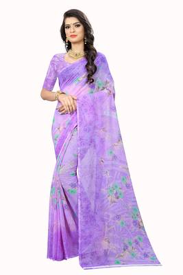 Purple printed chiffon saree with blouse 1
