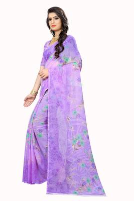Purple printed chiffon saree with blouse 2