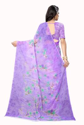 Purple printed chiffon saree with blouse 3