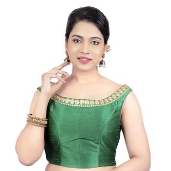 Green Boat Neck Dupion Silk Princess Cut Padded Off Shoulder Sleeveless Side Zipper Readymade Saree Blouse 1