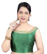 Green Boat Neck Dupion Silk Princess Cut Padded Off Shoulder Sleeveless Side Zipper Readymade Saree Blouse