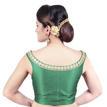 Green Boat Neck Dupion Silk Princess Cut Padded Off Shoulder Sleeveless Side Zipper Readymade Saree Blouse 2