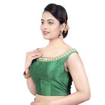 Green Boat Neck Dupion Silk Princess Cut Padded Off Shoulder Sleeveless Side Zipper Readymade Saree Blouse 3