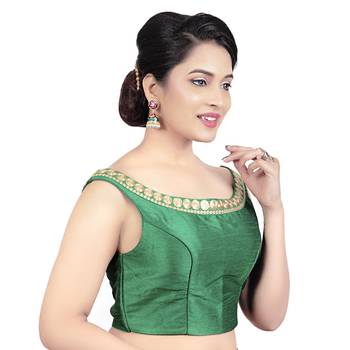 Green Boat Neck Dupion Silk Princess Cut Padded Off Shoulder Sleeveless Side Zipper Readymade Saree Blouse 4