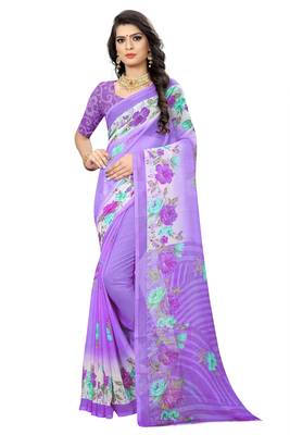 Purple printed chiffon saree with blouse 1