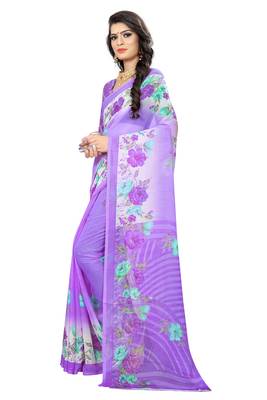 Purple printed chiffon saree with blouse 2