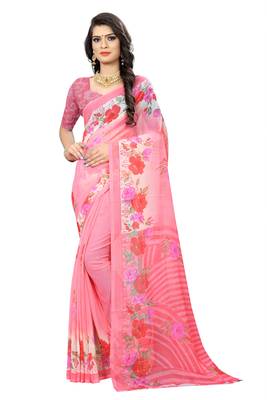 Pink printed chiffon saree with blouse 1