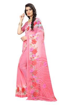 Pink printed chiffon saree with blouse 2