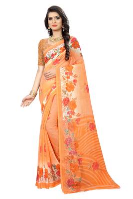 Orange printed chiffon saree with blouse 1