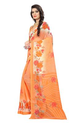 Orange printed chiffon saree with blouse 2