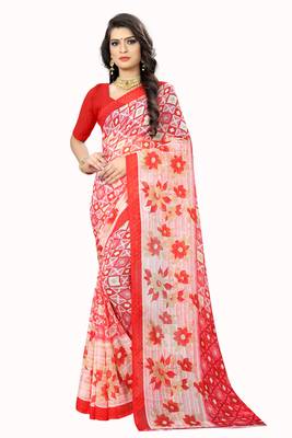 Red printed chiffon saree with blouse 1