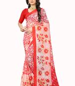 Red printed chiffon saree with blouse