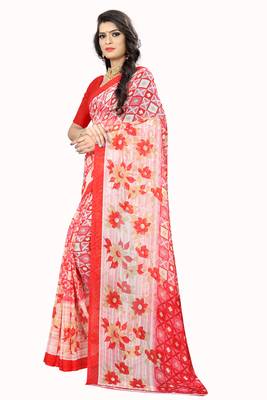 Red printed chiffon saree with blouse 2