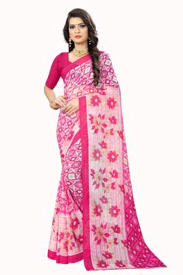 Pink printed chiffon saree with blouse 1