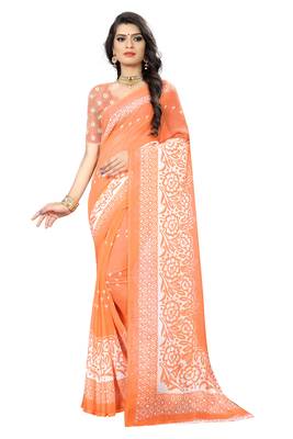 Orange printed chiffon saree with blouse 1