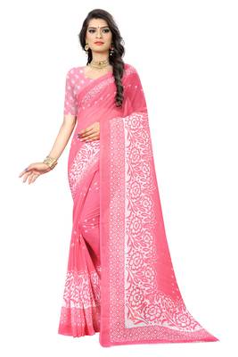 Pink printed chiffon saree with blouse 1