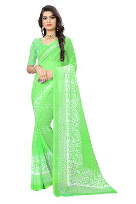 Green printed chiffon saree with blouse 1