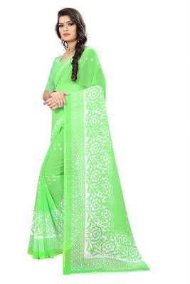 Green printed chiffon saree with blouse 2