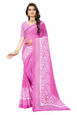 Pink printed chiffon saree with blouse 1