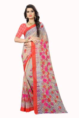 Grey printed chiffon saree with blouse 1