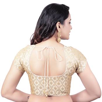Desginer Brocade Wedding Cream Short Sleeves Princess Cut Padded Readymade Saree Blouse 2