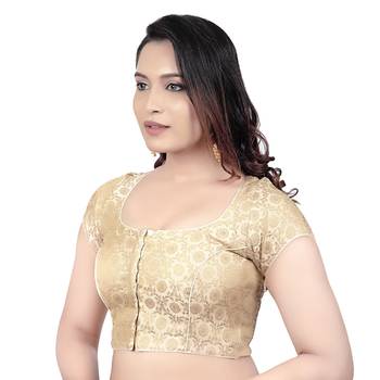 Desginer Brocade Wedding Cream Short Sleeves Princess Cut Padded Readymade Saree Blouse 3