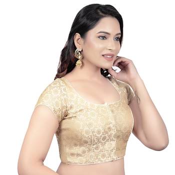 Desginer Brocade Wedding Cream Short Sleeves Princess Cut Padded Readymade Saree Blouse 4