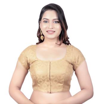 Desginer Brocade Wedding Gold Short Sleeves Princess Cut Padded Readymade Saree Blouse 1
