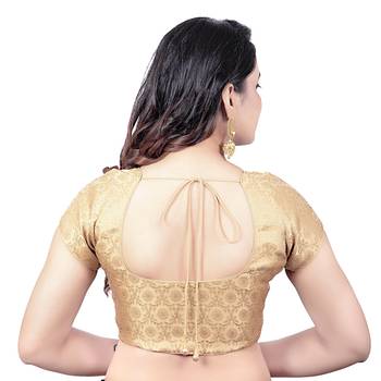 Desginer Brocade Wedding Gold Short Sleeves Princess Cut Padded Readymade Saree Blouse 2