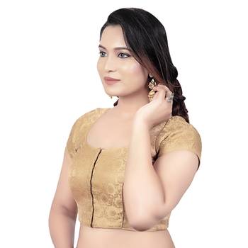 Desginer Brocade Wedding Gold Short Sleeves Princess Cut Padded Readymade Saree Blouse 3