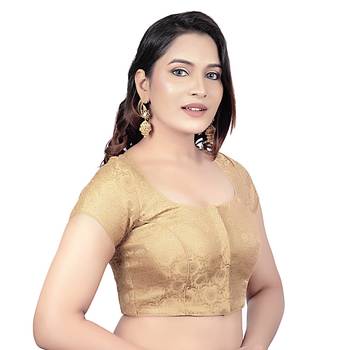 Desginer Brocade Wedding Gold Short Sleeves Princess Cut Padded Readymade Saree Blouse 4