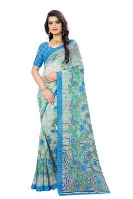 Grey printed chiffon saree with blouse 1