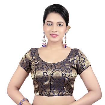 Brocade Navy Blue Princess Cut Padded Short Sleeves Readymade Saree Blouse 1