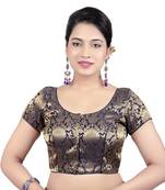 Brocade Navy Blue Princess Cut Padded Short Sleeves Readymade Saree Blouse