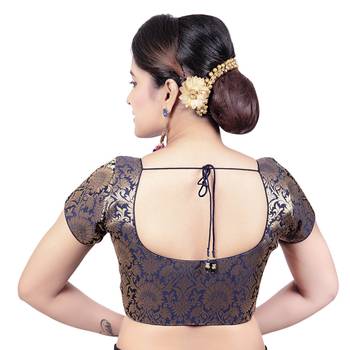 Brocade Navy Blue Princess Cut Padded Short Sleeves Readymade Saree Blouse 2