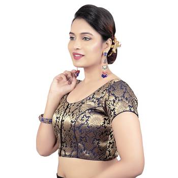 Brocade Navy Blue Princess Cut Padded Short Sleeves Readymade Saree Blouse 3