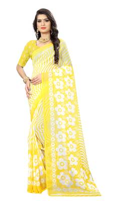 Yellow printed chiffon saree with blouse 1
