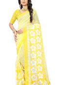 Yellow printed chiffon saree with blouse