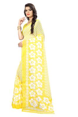 Yellow printed chiffon saree with blouse 2