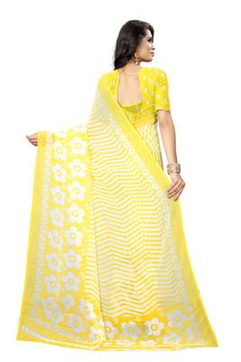 Yellow printed chiffon saree with blouse 3