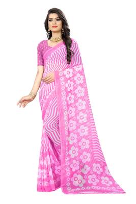 Pink printed chiffon saree with blouse 1